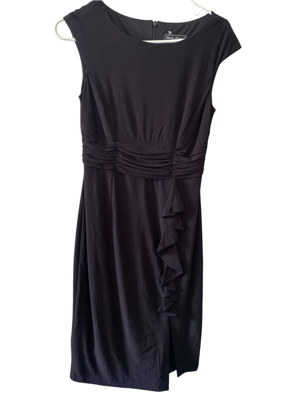 Jessica Howard Black Cap-Sleeve Midi Sheath Dress with Ruffle Detail